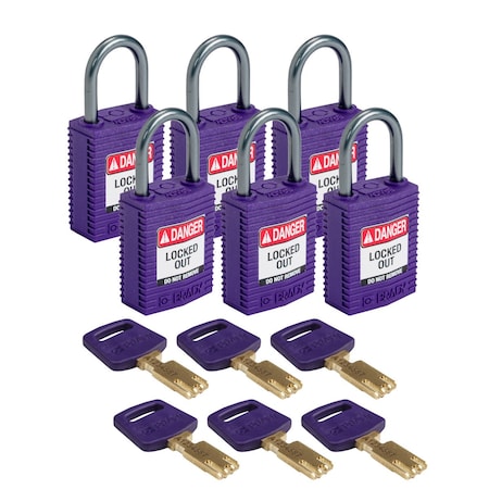 Brady Padlock, Keyed Different, Nylon, Purple, 6 PK CPT-PRP-25AL-KD6PK